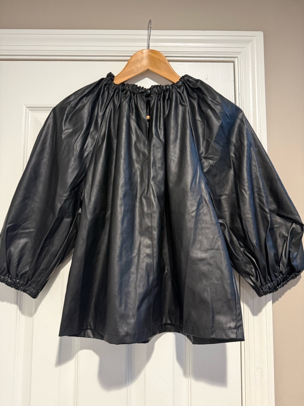 Women’s Black Faux Leather Peasant Blouse